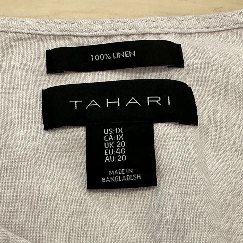 Tahari 1X Top Tunic Linen Button Down Long‎ Sleeve Roll Tab Taupe Coastal Lagum - Picture 5 of 8